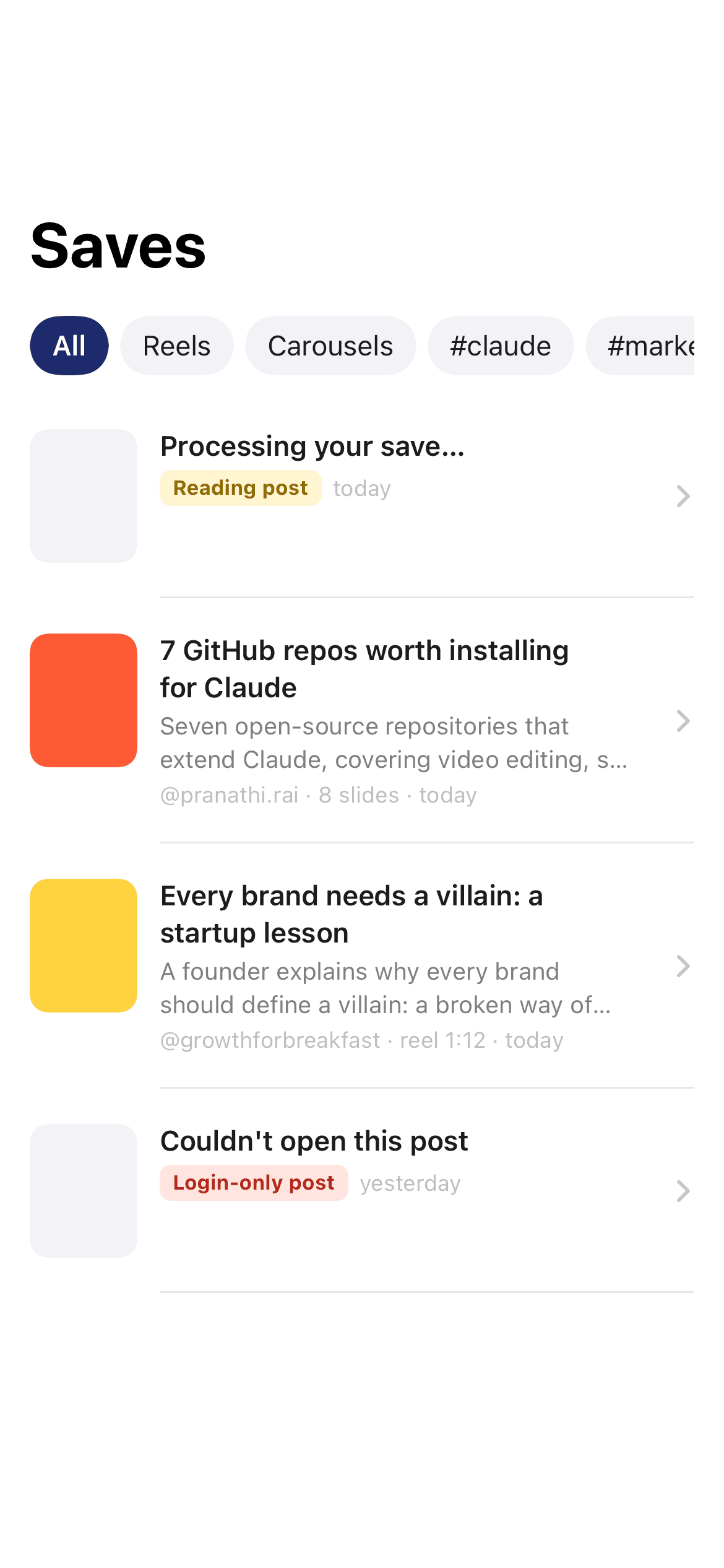 The Unbookmark library: saved posts with titles, summaries and tags